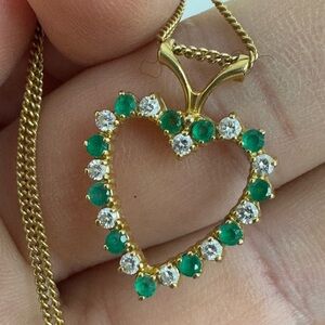 18K yellow gold genuine diamonds and emeralds heart pendant on 14k chain